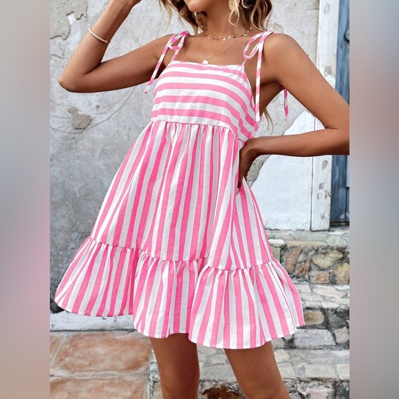 WILA Dresses & Skirts - Tied sleeve striped pink white mini smock dress boho preppy